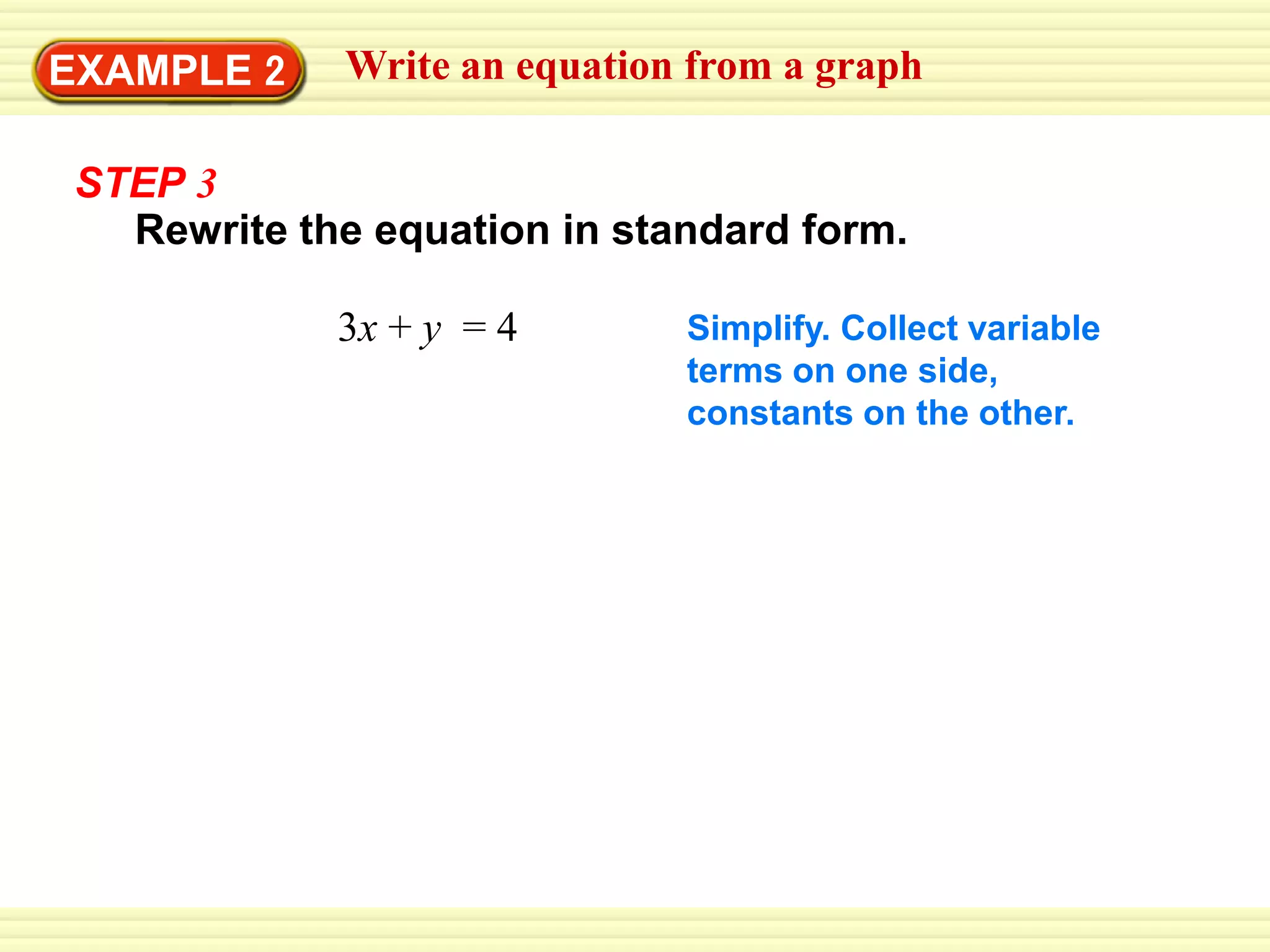 Rewrite the equation in standard form.
EXAMPLE 2 Write an equation from a graph
3x + y = 4 Simplify. Collect variable
terms on one side,
constants on the other.
STEP 3
 
