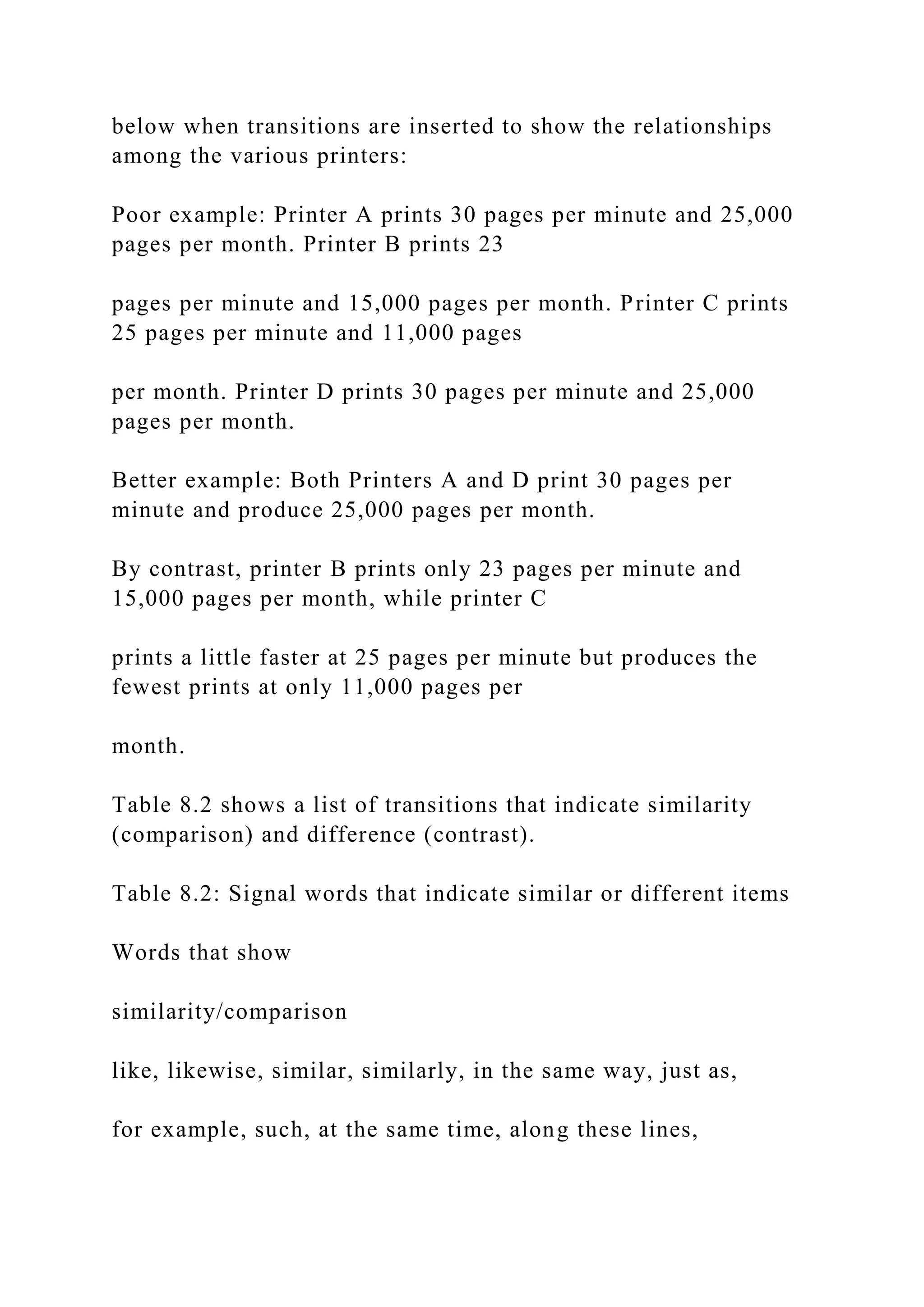 below when transitions are inserted to show the relationships
among the various printers:
Poor example: Printer A prints 30 pages per minute and 25,000
pages per month. Printer B prints 23
pages per minute and 15,000 pages per month. Printer C prints
25 pages per minute and 11,000 pages
per month. Printer D prints 30 pages per minute and 25,000
pages per month.
Better example: Both Printers A and D print 30 pages per
minute and produce 25,000 pages per month.
By contrast, printer B prints only 23 pages per minute and
15,000 pages per month, while printer C
prints a little faster at 25 pages per minute but produces the
fewest prints at only 11,000 pages per
month.
Table 8.2 shows a list of transitions that indicate similarity
(comparison) and difference (contrast).
Table 8.2: Signal words that indicate similar or different items
Words that show
similarity/comparison
like, likewise, similar, similarly, in the same way, just as,
for example, such, at the same time, along these lines,
 