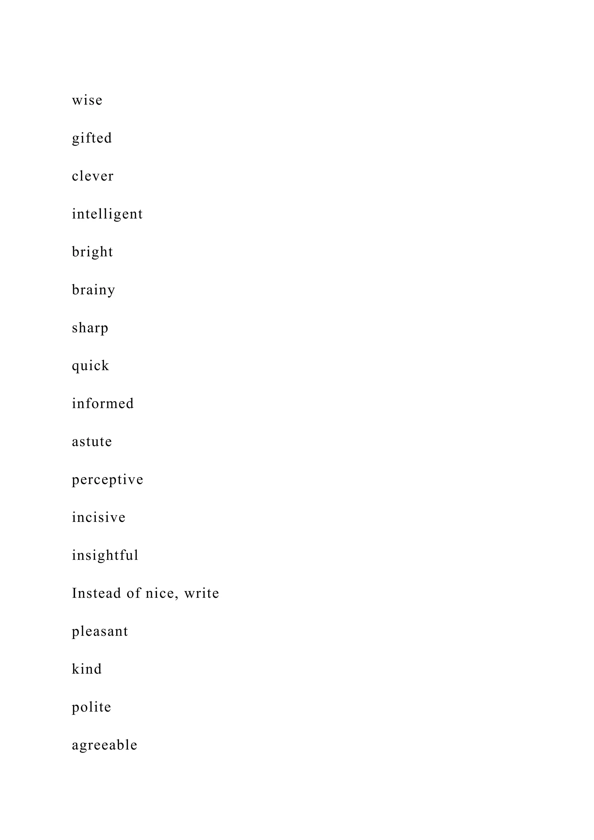 wise
gifted
clever
intelligent
bright
brainy
sharp
quick
informed
astute
perceptive
incisive
insightful
Instead of nice, write
pleasant
kind
polite
agreeable
 