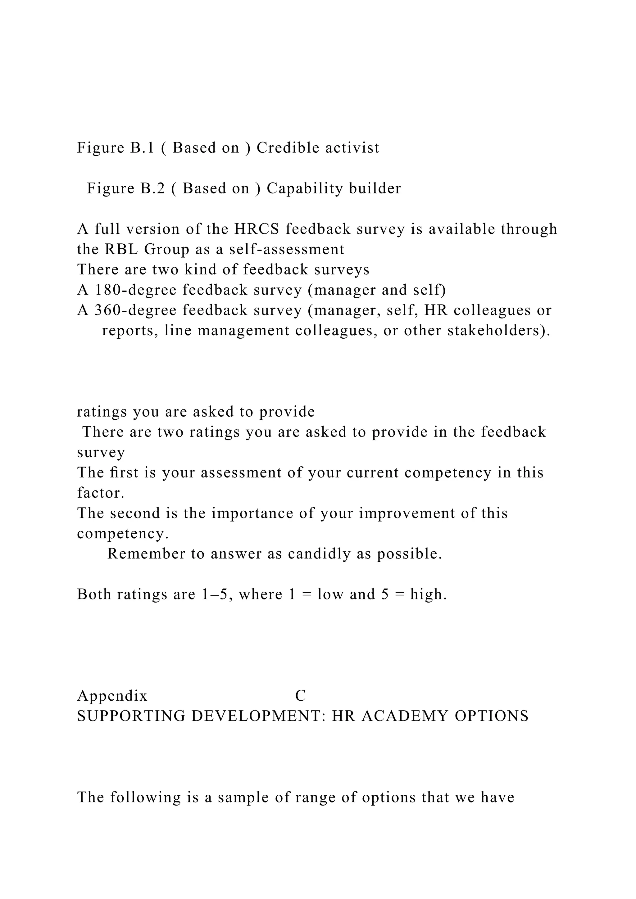 Figure B.1 ( Based on ) Credible activist
Figure B.2 ( Based on ) Capability builder
A full version of the HRCS feedback survey is available through
the RBL Group as a self-assessment
There are two kind of feedback surveys
A 180-degree feedback survey (manager and self)
A 360-degree feedback survey (manager, self, HR colleagues or
reports, line management colleagues, or other stakeholders).
ratings you are asked to provide
There are two ratings you are asked to provide in the feedback
survey
The ﬁrst is your assessment of your current competency in this
factor.
The second is the importance of your improvement of this
competency.
Remember to answer as candidly as possible.
Both ratings are 1–5, where 1 = low and 5 = high.
Appendix C
SUPPORTING DEVELOPMENT: HR ACADEMY OPTIONS
The following is a sample of range of options that we have
 