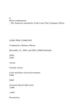 6.
Ratio computation
. The financial statements of the Lone Pine Company follow.
LONE PINE COMPANY
Comparative Balance Sheets
December 31, 20X2 and 20X1 ($000 Omitted)
20X2
20X1
Assets
Current Assets
Cash and Short-Term Investments
$400
$600
Accounts Receivable (net)
3,000
2,400
Inventories
 