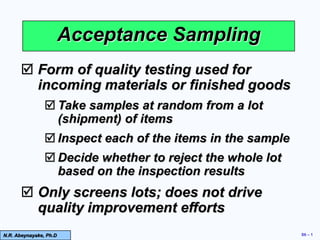 © 2006 Prentice Hall, Inc. S6 – 1
Acceptance Sampling
 Form of quality testing used for
incoming materials or finished goods
 Take samples at random from a lot
(shipment) of items
 Inspect each of the items in the sample
 Decide whether to reject the whole lot
based on the inspection results
 Only screens lots; does not drive
quality improvement efforts
N.R. Abeynayake, Ph.D
 