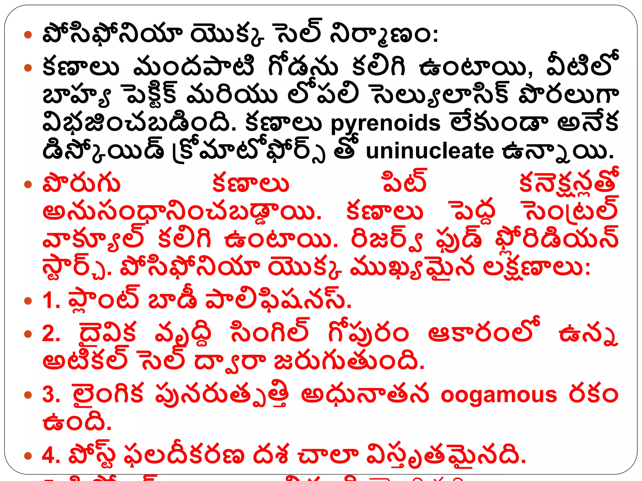  పోసిఫోనియా యొక్క సెల్ నిరాో ణం:
 క్ణాలు మంరపాటి గోడన క్లిి ఉంట్స్యి, వీటిలో
బాహ్ూ పెకి గక్స మరియు లోపలి సెలుూ లాసిక్స పొరలుగా
విభజంచబడింద. క్ణాలు pyrenoids లేక్కండ్డ అనేక్
డిస్మక యిడ్ గ్రకోమాటోఫోర్సగ తో uninucleate ఉన్ని యి.
 పొరుగు క్ణాలు పిట్ క్నెక్షనపతో
అనసంధానించబడ్డ
ా యి. క్ణాలు పెరద సెంగ్రటల్
వాక్యూ ల్ క్లిి ఉంట్స్యి. రిజర్సవ ఫుడ్ ళ్
ఫో
ప రిడియన్
ళ్
సా
గ ర్సి . పోసిఫోనియా యొక్క ముఖూ మైన లక్షణాలు:
 1. ళ్
పా
ప ంట్ బాడీ పాలిఫిష్నస్.
 2. దైవిక్ వృది సింిల్ గోపురం ఆకారంలో ఉని
అటిక్ల్ సెల్ దావ రా జరుగుతుంద.
 3. లంిక్ పునరుతా తిా అధున్నతన oogamous రక్ం
ఉంద.
 4. పోస్గ ఫలదీక్రణ రశ చాలా విసాృతమైనద.
 