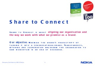 Share to Connect is about  aligning our organisation and the way we work with what we promise as a brand .  Our objective : Maximize the brand’s productivity by turning it into a conversational brand. Transparency, listening and coordination will enable the organisation to gain momentum in an era of exchange. ,[object Object]
