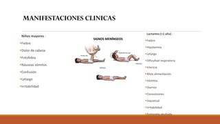 Niños mayores :
▪Fiebre
▪Dolor de cabeza
▪Fotofobia
▪Náuseas vómitos
▪Confusión
▪Letargo
▪Irritabilidad
Lactantes (<1 año) :
▪Fiebre
▪Hipotermia
▪Letargo
▪Dificultad respiratoria
▪Ictericia
▪Mala alimentación
▪Vómitos
▪Diarrea
▪Convulsiones
▪Inquietud
▪Irritabilidad
▪Fontanela abultada
MANIFESTACIONES CLINICAS
 
