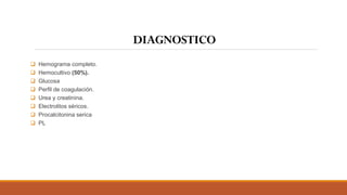DIAGNOSTICO
❑ Hemograma completo.
❑ Hemocultivo (50%).
❑ Glucosa
❑ Perfil de coagulación.
❑ Urea y creatinina.
❑ Electrolitos séricos.
❑ Procalcitonina serica
❑ PL
 