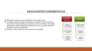 DIAGNOSTICO DIFERENCIAL
❑ Meningitis no bacteriana, principalmente vírica y tuberculosa.
❑ Encefalitis, absceso cerebral, encefalopatía metabólica, síndrome de Reye,
traumatismo craneoencefálico, intoxicación, tumores cerebrales, hemorragia
intracraneal, cuadros petequiales producidos por virus, vasculitis, síndrome
hemolítico urémico, endocarditis.
❑ Cualquier cuadro infeccioso puede coexistir con meningitis.
 