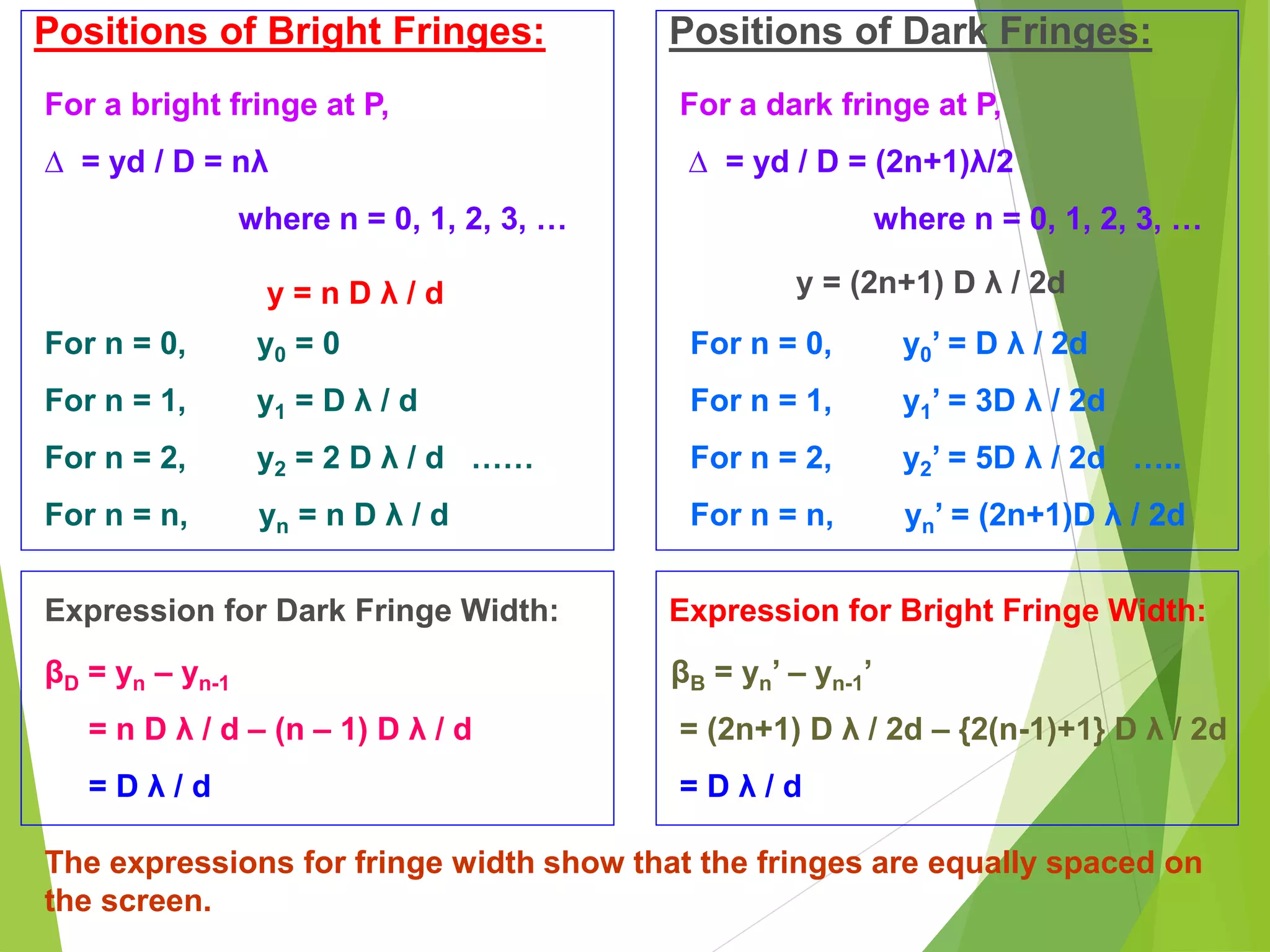 Positions of Bright Fringes:
For a bright fringe at P,
∆ = yd / D = nλ
where n = 0, 1, 2, 3, …
For n = 0, y0 = 0
For n = 1, y1 = D λ / d
For n = 2, y2 = 2 D λ / d ……
For n = n, yn = n D λ / d
y = n D λ / d
Positions of Dark Fringes:
For a dark fringe at P,
∆ = yd / D = (2n+1)λ/2
where n = 0, 1, 2, 3, …
For n = 0, y0’ = D λ / 2d
For n = 1, y1’ = 3D λ / 2d
For n = 2, y2’ = 5D λ / 2d …..
For n = n, yn’ = (2n+1)D λ / 2d
y = (2n+1) D λ / 2d
Expression for Dark Fringe Width:
βD = yn – yn-1
= n D λ / d – (n – 1) D λ / d
= D λ / d
Expression for Bright Fringe Width:
βB = yn’ – yn-1’
= (2n+1) D λ / 2d – {2(n-1)+1} D λ / 2d
= D λ / d
The expressions for fringe width show that the fringes are equally spaced on
the screen.
 