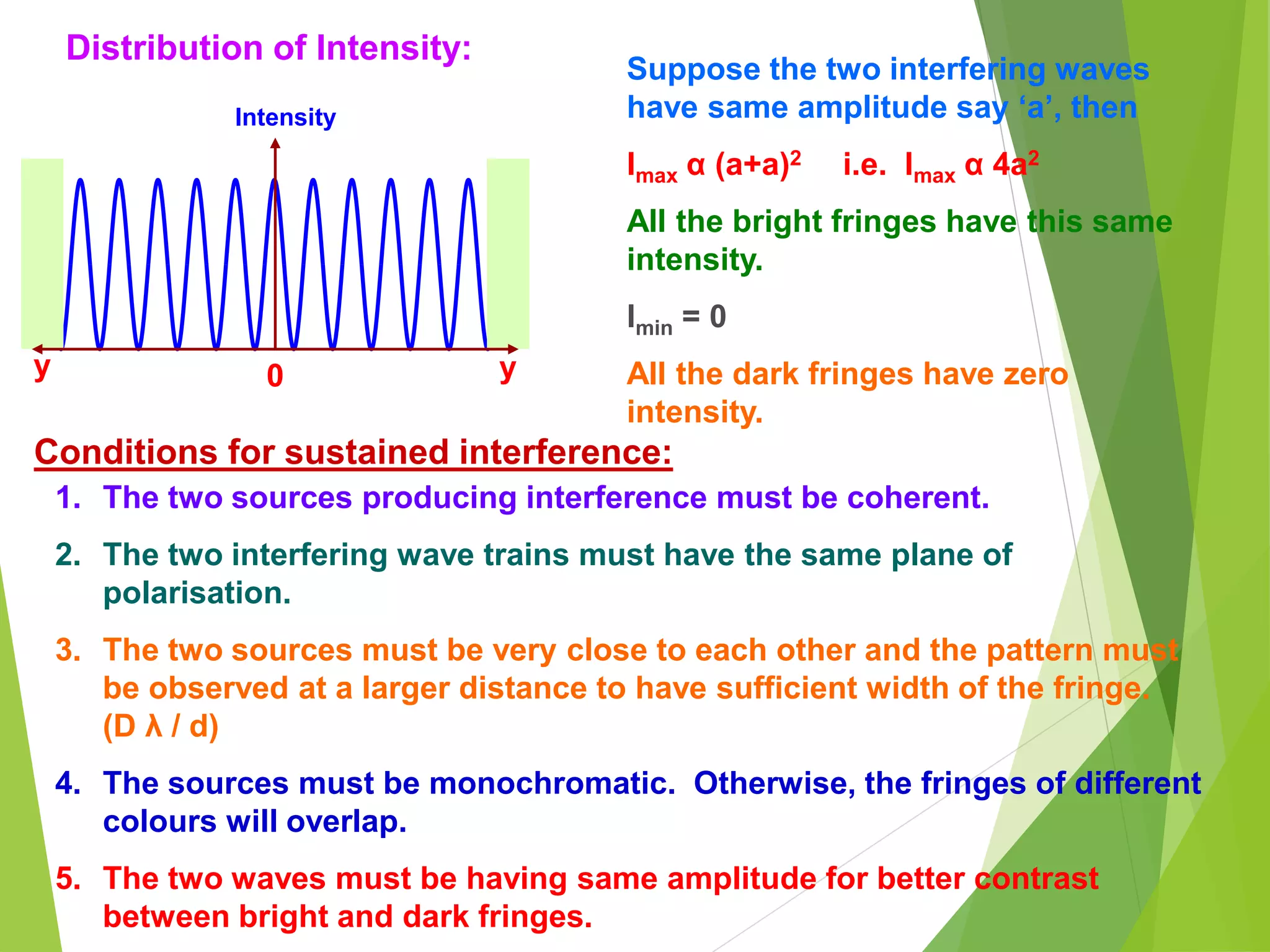 Distribution of Intensity:
Intensity
0 y
y
Suppose the two interfering waves
have same amplitude say ‘a’, then
Imax α (a+a)2 i.e. Imax α 4a2
All the bright fringes have this same
intensity.
Imin = 0
All the dark fringes have zero
intensity.
Conditions for sustained interference:
1. The two sources producing interference must be coherent.
2. The two interfering wave trains must have the same plane of
polarisation.
3. The two sources must be very close to each other and the pattern must
be observed at a larger distance to have sufficient width of the fringe.
(D λ / d)
4. The sources must be monochromatic. Otherwise, the fringes of different
colours will overlap.
5. The two waves must be having same amplitude for better contrast
between bright and dark fringes.
 