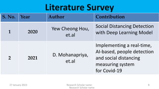 Literature Survey
S. No. Year Author Contribution
1 2020
Yew Cheong Hou,
et.al
Social Distancing Detection
with Deep Learn...
