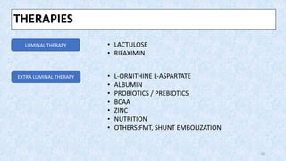 THERAPIES
18
LUMINAL THERAPY
EXTRA LUMINAL THERAPY
• LACTULOSE
• RIFAXIMIN
• L-ORNITHINE L-ASPARTATE
• ALBUMIN
• PROBIOTICS / PREBIOTICS
• BCAA
• ZINC
• NUTRITION
• OTHERS:FMT, SHUNT EMBOLIZATION
 