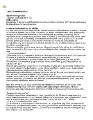 3
TRAZANDO OBJETIVOS
Objetivo del ejercicio
Trazando objetivos para mi vida
Instrucciones
Después de lo que se ha visto hasta el momento comenzaremos ahora con trazarse objetivo para
la vida cotidiana de los participantes.
Implementando objetivos en mi vida
Los ejercicios que en breve desarrollarás, tienen como propósito fundamental, guiarte a lo largo de
un trabajo de reflexión, con el fin de que definas tus metas, tanto personales como profesionales,
teniendo en cuenta lo que realmente es importante para ti; tus valores, principios y misión.
Importante: Busca un lugar tranquilo donde nadie te moleste, y ve avanzando uno a uno en cada
ejercicio. Tienes que estar alerta y anotar todas las reflexiones e ideas que te surjan. Nunca te
permitas pensar que una idea, pensamiento o reflexión que resulte de este proceso, es
descabellado o no sirve. Simplemente, limítate a anotar todo, ya tendrás tiempo para quitar lo que
consideres poco importante.
Una recomendación: imprime estos ejercicios y léelos todos una o dos veces, sin meditar sobre
alguno en específico. Esto responde a una necesidad mental de reconocer el terreno que se va a
pisar.
¿Tus momentos felices?
¿Puedes recordar algunas épocas en las que hayas sentido especialmente feliz? Un momento de
tu vida en el que hayas experimentado una inmensa felicidad. ¿Lo recuerdas?
¿Qué fue concretamente, lo que te hizo sentir de ese modo? ¿Qué fue lo que viste, hiciste,
escuchaste o experimentaste que provocó ese estado de felicidad, que te hizo sentir que no
cabías dentro de ti?
Una ves logres identifica y recordar ese momento feliz, intenta volver experimenta, mentalmente,
esa misma felicidad. Puedes hacerlo… Ahora intenta identificar, ¿cuáles son los tres principios
más importantes que estaban latentes en ese momento?
Repite este mismo ejercicio con otros dos momentos más, en los que hayas experimentado una
gran felicidad. Toma nota de todo lo que te venga a la mente.
Una vez hayas reflexionado sobre tus momento más felices, intenta destacar los tres principios
que más se repiten. ¿Cuáles son los principios que siempre están presentes y que considera
como los más importantes a tener en cuenta?
Nota: Los principios, son leyes universales imperecederas e invariables, sin los cuales sería
prácticamente imposible convivir en sociedad, como por ejemplo: amor respeto, libertad,
tolerancias, paz, seguridad, justicia, fraternidad, amistad, humildad, desarrollo, honestidad, etc.…
“Regresando a tus sueños”
Puedes recordar lo que pensabas ser y hacer cuando tenías 8 o 12 años. En esa época que
creías fervientemente que podrías conseguir todo lo que te propusieras, ¿en qué pensabas?, ¿qué
cosa te mantenía ilusionado, motivado y en pleno dominio de tus recursos? Detállalo.
¿Qué es lo que más disfrutabas hacer?
¿Qué harías si te quedaran sólo 30 días de tu vida? Tú, al igual que yo y todas las personas de
este mundo, tienes las horas cotadas, sólo que la gran mayoría, es consciente de ello sólo cuando
queda poco tiempo disponible. Además, ¿no crees que sería bastante presuntuoso asegurar que
tiene toda una vida por delante?
 