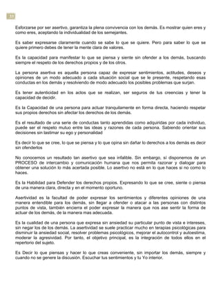 33
Esforzarse por ser asertivo, garantiza la plena convivencia con los demás. Es mostrar quien eres y
como eres, aceptando la individualidad de los semejantes.
Es saber expresarse claramente cuando se sabe lo que se quiere. Pero para saber lo que se
quiere primero debes de tener la mente clara de valores.
Es la capacidad para manifestar lo que se piensa y siente sin ofender a los demás, buscando
siempre el respeto de los derechos propios y de los otros.
La persona asertiva es aquella persona capaz de expresar sentimientos, actitudes, deseos y
opiniones de un modo adecuado a cada situación social que se le presente, respetando esas
conductas en los demás y resolviendo de modo adecuado los posibles problemas que surjan.
Es tener autenticidad en los actos que se realizan, ser seguros de tus creencias y tener la
capacidad de decidir.
Es la Capacidad de una persona para actuar tranquilamente en forma directa, haciendo respetar
sus propios derechos sin afectar los derechos de los demás.
Es el resultado de una serie de conductas tanto aprendidas como adquiridas por cada individuo,
puede ser el respeto mutuo entre las ideas y razones de cada persona. Sabiendo orientar sus
decisiones sin lastimar su ego y personalidad
Es decir lo que se cree, lo que se piensa y lo que opina sin dañar lo derechos a los demás es decir
sin ofenderlos
No conocemos un resultado tan asertivo que sea infalible. Sin embargo, sí disponemos de un
PROCESO de intercambio y comunicación humana que nos permita razonar y dialogar para
obtener una solución lo más acertada posible. Lo asertivo no está en lo que haces si no como lo
haces.
Es la Habilidad para Defender los derechos propios. Expresando lo que se cree, siente o piensa
de una manera clara, directa y en el momento oportuno.
Asertividad es la facultad de poder expresar los sentimientos y diferentes opiniones de una
manera entendible para los demás, sin llegar a ofender o atacar a las personas con distintos
puntos de vista, también encierra el poder expresar la manera que nos ase sentir la forma de
actuar de los demás, de la manera mas adecuada.
Es la cualidad de una persona que expresa sin ansiedad su particular punto de vista e intereses,
sin negar los de los demás. La asertividad se suele practicar mucho en terapias psicológicas para
disminuir la ansiedad social, resolver problemas psicológicos, mejorar el autocontrol y autoestima,
moderar la agresividad. Por tanto, el objetivo principal, es la integración de todos ellos en el
repertorio del sujeto.
Es Decir lo que piensas y hacer lo que creas conveniente, sin importar los demás, siempre y
cuando no se genere la discusión. Escuchar tus sentimientos y tu Yo interior.
 