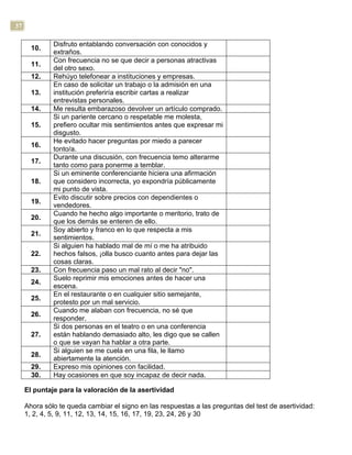 37
10.
Disfruto entablando conversación con conocidos y
extraños.
11.
Con frecuencia no se que decir a personas atractivas
del otro sexo.
12. Rehúyo telefonear a instituciones y empresas.
13.
En caso de solicitar un trabajo o la admisión en una
institución preferiría escribir cartas a realizar
entrevistas personales.
14. Me resulta embarazoso devolver un artículo comprado.
15.
Si un pariente cercano o respetable me molesta,
prefiero ocultar mis sentimientos antes que expresar mi
disgusto.
16.
He evitado hacer preguntas por miedo a parecer
tonto/a.
17.
Durante una discusión, con frecuencia temo alterarme
tanto como para ponerme a temblar.
18.
Si un eminente conferenciante hiciera una afirmación
que considero incorrecta, yo expondría públicamente
mi punto de vista.
19.
Evito discutir sobre precios con dependientes o
vendedores.
20.
Cuando he hecho algo importante o meritorio, trato de
que los demás se enteren de ello.
21.
Soy abierto y franco en lo que respecta a mis
sentimientos.
22.
Si alguien ha hablado mal de mí o me ha atribuido
hechos falsos, ¡olla busco cuanto antes para dejar las
cosas claras.
23. Con frecuencia paso un mal rato al decir "no".
24.
Suelo reprimir mis emociones antes de hacer una
escena.
25.
En el restaurante o en cualquier sitio semejante,
protesto por un mal servicio.
26.
Cuando me alaban con frecuencia, no sé que
responder.
27.
Si dos personas en el teatro o en una conferencia
están hablando demasiado alto, les digo que se callen
o que se vayan ha hablar a otra parte.
28.
Si alguien se me cuela en una fila, le llamo
abiertamente la atención.
29. Expreso mis opiniones con facilidad.
30. Hay ocasiones en que soy incapaz de decir nada.
El puntaje para la valoración de la asertividad
Ahora sólo te queda cambiar el signo en las respuestas a las preguntas del test de asertividad:
1, 2, 4, 5, 9, 11, 12, 13, 14, 15, 16, 17, 19, 23, 24, 26 y 30
 