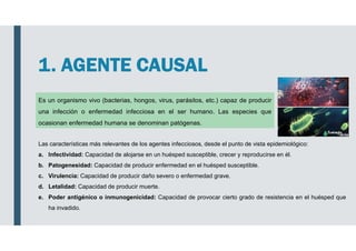 1. AGENTE CAUSAL
Es un organismo vivo (bacterias, hongos, virus, parásitos, etc.) capaz de producir
una infección o enfermedad infecciosa en el ser humano. Las especies que
ocasionan enfermedad humana se denominan patógenas.
Las características más relevantes de los agentes infecciosos, desde el punto de vista epidemiológico:
a. Infectividad: Capacidad de alojarse en un huésped susceptible, crecer y reproducirse en él.
b. Patogenesidad: Capacidad de producir enfermedad en el huésped susceptible.
c. Virulencia: Capacidad de producir daño severo o enfermedad grave.
d. Letalidad: Capacidad de producir muerte.
e. Poder antigénico o inmunogenicidad: Capacidad de provocar cierto grado de resistencia en el huésped que
ha invadido.
 