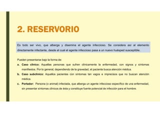 2. RESERVORIO
Es todo ser vivo, que alberga y disemina el agente infeccioso. Se considera así al elemento
directamente infectante, desde el cual el agente infeccioso pasa a un nuevo huésped susceptible.
Pueden presentarse bajo la forma de:
a. Caso clínico: Aquellas personas que sufren clínicamente la enfermedad, con signos y síntomas
manifiestos. Por lo general, dependiendo de la gravedad, el paciente busca atención médica.
b. Caso subclínico: Aquellos pacientes con síntomas tan vagos e imprecisos que no buscan atención
médica.
c. Portador: Persona (o animal) infectada, que alberga un agente infeccioso específico de una enfermedad,
sin presentar síntomas clínicos de ésta y constituye fuente potencial de infección para el hombre.
 