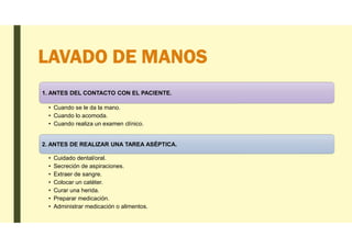 LAVADO DE MANOS
1. ANTES DEL CONTACTO CON EL PACIENTE.
• Cuando se le da la mano.
• Cuando lo acomoda.
• Cuando realiza un examen clínico.
2. ANTES DE REALIZAR UNA TAREA ASÉPTICA.
• Cuidado dental/oral.
• Secreción de aspiraciones.
• Extraer de sangre.
• Colocar un catéter.
• Curar una herida.
• Preparar medicación.
• Administrar medicación o alimentos.
 