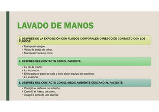 LAVADO DE MANOS
3. DESPUÉS DE LA EXPOSICIÓN CON FLUIDOS CORPORALES O RIESGO DE CONTACTO CON LOS
FLUIDOS.
• Manipular sangre.
• Vaciar la bolsa de orina.
• Manipular heces u orina.
4. DESPUÉS DEL CONTACTO CON EL PACIENTE.
• Le dio la mano.
• Lo acomodó.
• Entró para el pase de sala y tocó algún equipo del paciente.
• Lo examinó.
5. DESPUÉS DEL CONTACTO CON EL MEDIO AMBIENTE CERCANO AL PACIENTE.
• Corrigió el sistema de infusión.
• Cambió el frasco de suero.
• Apagó o conectó una alarma.
 