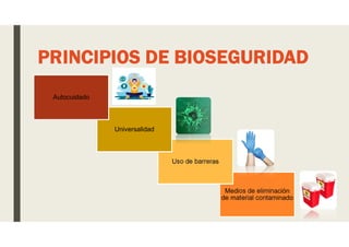 Medios de eliminación
de material contaminado
Uso de barreras
PRINCIPIOS DE BIOSEGURIDAD
Universalidad
Autocuidado
 
