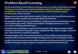 HALAMAN
DIKLAT/BIMTEK KTSP 2009
DEPDIKNAS – DIT. PEMBINAAN SMA
Problem Based Learning
Model pembelajaran ini bertujuan merangsang peserta didik untuk belajar melalui
berbagai permasalahan nyata dalam kehidupan sehari-hari dikaitkan dengan
pengetahuan yang telah atau akan dipelajarinya melalui langkah-langkah
pembelajaran sebagai berikut:
 Mengorientasi peserta didik pada masalah. Tahap ini untuk memfokuskan peserta
didik mengamati masalah yang menjadi objek pembelajaran.
 Mengorganisasikan kegiatan pembelajaran. Pengorganisasian pembelajaran salah
satu kegiatan agar peserta didik menyampaikan berbagai pertanyaan (atau
menanya) terhadap malasalah kajian.
 Membimbing penyelidikan mandiri dan kelompok. Pada tahap ini peserta didik
melakukan percobaan (mencoba) untuk memperoleh data dalam rangka menjawab
atau menyelesaikan masalah yang dikaji.
 Mengembangkan dan menyajikan hasil karya. Peserta didik mengasosiasi data
yang ditemukan dari percobaan dengan berbagai data lain dari berbagai sumber.
 Analisis dan evaluasi proses pemecahan masalah. Setelah peserta didik mendapat
jawaban terhadap masalah yang ada, selanjutnya dianalisis dan dievaluasi.
13 - 54
 