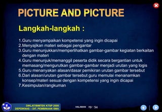 HALAMAN
DIKLAT/BIMTEK KTSP 2009
DEPDIKNAS – DIT. PEMBINAAN SMA
19 - 54
Langkah-langkah :
1.Guru menyampaikan kompetensi yang ingin dicapai
2.Menyajikan materi sebagai pengantar
3.Guru menunjukkan/memperlihatkan gambar-gambar kegiatan berkaitan
dengan materi
4.Guru menunjuk/memanggil peserta didik secara bergantian untuk
memasang/mengurutkan gambar-gambar menjadi urutan yang logis
5.Guru menanyakan alasan/dasar pemikiran urutan gambar tersebut
6.Dari alasan/urutan gambar tersebut guru memulai menanamkan
konsep/materi sesuai dengan kompetensi yang ingin dicapai
7.Kesimpulan/rangkuman
 