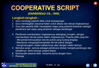 HALAMAN
DIKLAT/BIMTEK KTSP 2009
DEPDIKNAS – DIT. PEMBINAAN SMA
21 - 54
(DANSEREAU CS., 1985)
Langkah-langkah :
1. Guru membagi peserta didik untuk berpasangan
2. Guru membagikan wacana/materi untuk dibaca dan dibuat ringkasannya
3. Guru dan peserta didik menetapkan siapa yang pertama berperan sebagai
pembicara dan siapa yang berperan sebagai pendengar
4. Pembicara membacakan ringkasannya selengkap mungkin, dengan
memasukkan ide-ide pokok dalam ringkasannya. Peserta didik yang lain:
- Menyimak/menunjukkan ide-ide pokok yang kurang lengkap
- Membantu mengingat/menghafal ide-ide pokok dengan
menghubungkan materi sebelumnya atau dengan materi lainnya
5. Bertukar peran, semula sebagai pembicara ditukar menjadi pendengar dan
sebaliknya. Serta lakukan seperti diatas.
6. Kesimpulan peserta didik bersama-sama dengan Guru
7. Penutup
 