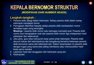 HALAMAN
DIKLAT/BIMTEK KTSP 2009
DEPDIKNAS – DIT. PEMBINAAN SMA
22 - 54
(MODIFIKASI DARI NUMBER HEADS)
Langkah-langkah :
1. Peserta didik dibagi dalam kelompok. Setiap peserta didik dalam setiap
kelompok mendapat nomor
2. Penugasan diberikan kepada setiap peserta didik berdasarkan nomor
terhadap tugas yang berangkai
Misalnya : peserta didik nomor satu bertugas mencatat soal. Peserta didik
nomor dua mengerjakan soal dan peserta didik nomor tiga melaporkan hasil
pekerjaan dan seterusnya.
3. Jika perlu, guru bisa menyuruh kerja sama antar kelompok. Peserta didik
disuruh keluar dari kelompoknya dan bergabung bersama beberapa peserta
didik bernomor sama dari kelompok lain. Dalam kesempatan ini peserta didik
dengan tugas yang sama bisa saling membantu atau mencocokkan hasil
kerja sama mereka
4. Laporkan hasil dan tanggapan dari kelompok yang lain
5. Kesimpulan
 