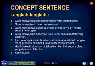 HALAMAN
DIKLAT/BIMTEK KTSP 2009
DEPDIKNAS – DIT. PEMBINAAN SMA
53 - 54
Langkah-langkah :
 Guru menyampaikan kompentensi yang ingin dicapai.
 Guru menyajikan materi secukupnya.
 Guru membentuk kelompok yang anggotanya ± 4 orang
secara heterogen.
 Guru menyajikan beberapa kata kunci sesuai materi yang
disajikan.
 Tiap kelompok disuruh membuat beberapa kalimat dengan
menggunakan minimal 4 kata kunci setiap kalimat.
 Hasil diskusi kelompok didiskusikan kembali secara pleno
yang dipandu oleh Guru.
 Kesimpulan.
 