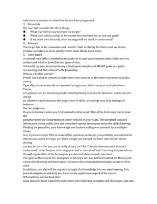 indicators or metrics to value how far you have progressed.
3. Attainable
We can start consider this three things,
● What way will we use to reach the target?
● What tools will we adopt to lessen the distance between us and our goals?
● If we don’t own the tools, what strategy will we build to overcome it?
4. Relevant
The target has to be reasonable and realistic. Start declaring the final result we desire,
prepare ourselves to move quickly when some things don’t work.
5. Time-Based
A rational time table is needed to persuade us to start and complete tasks. Make sure we
understand what to do within that span of time.
A friendly tip, we can start printing a blank goals template of SMART goals as a guide.
A. Learning and Motivation Profile Journaling
What is a Profile Journal?
Profile Journaling is a means to determine your mastery of the material presented in this
course.
Typically, course materials are assessed using exams, either essay or multiple-choice.
Exams
are appropriate for measuring understanding theory in research. However, exams are not
always
an effective way to measure the acquisition of skills. An analogy may help distinguish
between
the two purposes.
Do you remember when you first learned to drive a car? One of the first steps was to read
the
pamphlet from the Department of Motor Vehicles in your state. The pamphlet included
information about traffic laws and described various techniques about the skill of driving.
Reading the pamphlet, your knowledge and understanding was assessed by a multiple-
choice
test. If you answered 90% or more of the questions correctly, you probably understood the
information about driving a car. Even though you learned the basic information about
driving,
can you be sure that you can actually drive a car? No. You only demonstrated that you
understood the techniques of driving a car and a conceptual level. Learning the procedures
through application of the techniques you learned about would come later.
The goals of this course are analogous to driving a car. You will learn about the theory and
research in learning and motivation. To assess this conceptual knowledge, quizzes will be
used.
In addition, you also will be required to apply this knowledge to your own learning. This
journal assignment will help you focus on the application aspect of the course.
What will my journal look like?
Since students learn somewhat differently, have different strengths and challenges, and take
 