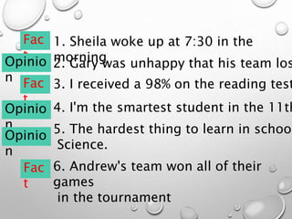 1. Sheila woke up at 7:30 in the
morning
2. Gary was unhappy that his team los
3. I received a 98% on the reading test
4. I'm the smartest student in the 11th
5. The hardest thing to learn in school
Science.
6. Andrew's team won all of their
games
in the tournament
Fac
t
Fac
t
Fac
t
Opinio
n
Opinio
n
Opinio
n
 