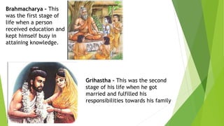 Brahmacharya – This
was the first stage of
life when a person
received education and
kept himself busy in
attaining knowledge.
Grihastha – This was the second
stage of his life when he got
married and fulfilled his
responsibilities towards his family
 