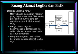 Manajemen Memori 12
Ruang Alamat Logika dan Fisik
• Dalam Skema MMU :
– Menyediakan perangkat register
yang dapat diset oleh CPU: setiap
proses mempunyai data set
register tersebut (disimpan di
PCB)
– Harga dalam register
base/relokasi ditambahkan ke
setiap alamat proses user pada
saat run dimemori
– Program-program user hanya
berurusan dengan alamat logika
saja
 