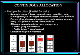 Manajemen Memori 20
CONTIGUOUS ALLOCATION
• Multiple Partition (Partisi Banyak)
– Ruang kosong  blok memori yang tersedia, ruang
kosong dengan berbagai ukuran tersebar pada memori
– Proses akan dialokasikan memori pada ruang kosong
yang cukup besar untuk ditempatinya
– OS akan mengelola informasi mengenai :
• Partisi yang dialokasikan
• Partisi bebas (ruang kosong)
– Contoh multiple allocation
 