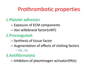 Prothrombotic properties
1.Platelet adhesion
– Exposure of ECM components
– Von willebrand factor(vWF)
2.Procoagulant
– Synthesis of tissue factor
– Augmentation of effects of clotting factors
• IXa , Xa
3.Antifibrinolytic
– Inhibitors of plasminogen activator(PAIs)
 