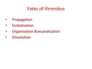 Fates of thrombus
• Propagation
• Embolization
• Organization &recanalization
• Dissolution
 