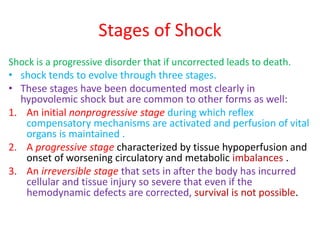 Stages of Shock
Shock is a progressive disorder that if uncorrected leads to death.
• shock tends to evolve through three stages.
• These stages have been documented most clearly in
hypovolemic shock but are common to other forms as well:
1. An initial nonprogressive stage during which reflex
compensatory mechanisms are activated and perfusion of vital
organs is maintained .
2. A progressive stage characterized by tissue hypoperfusion and
onset of worsening circulatory and metabolic imbalances .
3. An irreversible stage that sets in after the body has incurred
cellular and tissue injury so severe that even if the
hemodynamic defects are corrected, survival is not possible.
 