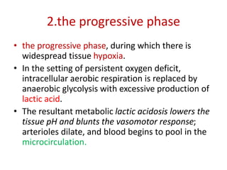 2.the progressive phase
• the progressive phase, during which there is
widespread tissue hypoxia.
• In the setting of persistent oxygen deficit,
intracellular aerobic respiration is replaced by
anaerobic glycolysis with excessive production of
lactic acid.
• The resultant metabolic lactic acidosis lowers the
tissue pH and blunts the vasomotor response;
arterioles dilate, and blood begins to pool in the
microcirculation.
 