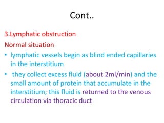 Cont..
3.Lymphatic obstruction
Normal situation
• lymphatic vessels begin as blind ended capillaries
in the interstitium
• they collect excess fluid (about 2ml/min) and the
small amount of protein that accumulate in the
interstitium; this fluid is returned to the venous
circulation via thoracic duct
 