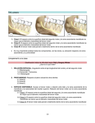 13
Pell y gregory
1) Clase I: El espacio entre la superficie distal del segundo molar y la rama ascendente mandibular es
mayor que el diámetro mesiodistal del tercer molar.
2) Clase II: El espacio entre la superficie distal del segundo molar y la rama ascendente mandibular es
menor que el diámetro mesiodistal del tercer molar.
3) Clase III: El tercer molar está parcial o totalmente dentro de la rama ascendente mandibular.
• Es muy importante analizar todos los componentes, ver las raíces, su ubicación respecto a la rama
ascendente y su profundidad
Complemento a la clase
Clasificación índice de dificultad según Pell y Gregory Winter
¿Qué es lo que mide?
1. RELACIÓN ESPACIAL: Angulación entre el eje longitudinal del cordal y el del segundo molar
1.1.Mesioangular
1.2.Horizontal / Transverso
1.3. Distoangular
2. PROFUNDIDAD: Respecto al plano oclusal de otros dientes
2.1.Nivel A
2.2.Nivel B
2.3.Nivel C
3. ESPACIO DISPONIBLE: Acceso al tercer molar o relación ente éste y la rama ascendente de la
mandíbula o la tuberosidad del maxilar superior. Relación del tercer molar con la rama ascendente
mandibular
3.1.Clase I: El espacio entre la superficie distal del segundo y la rama ascendente mandibular
es mayor que el diámetro mesiodistal del tercer molar
3.2.Clase II: El espacio entre la superficie distal del segundo molar y la rama ascendente
mandibular es menor que el diámetro mesiodistal del tercer molar
3.3.Clase III: El tercer molar está parcial o totalmente dentro de la rama ascendente mandibular
I II III
 