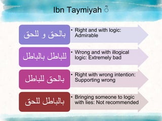 Ibn Taymiyah َّ
ؒ
• Right and with logic:
Admirable
‫بالحقَّوَّللحق‬
• Wrong and with illogical
logic: Extremely bad
‫للباطلَّبالباط‬
‫ل‬
• Right with wrong intention:
Supporting wrong
‫بالحقَّللباطل‬
• Bringing someone to logic
with lies: Not recommended
‫بالباطلَّللحق‬
 