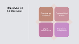 Приготування
до реанімації
Температура
приміщень
Реанімаційний
столик
Зібрати
обладнання
Перевірити
обладнання
 