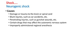Shock…..
Neurogenic shock
• Causes
• Damage or trauma to the brain or spinal cord
• Blunt injuries, such as car accidents, etc.
• Penetrating injuries, such as gunshot wounds, etc.
• Certain drugs that may affect the autonomic nervous system
• Improperly administered regional anesthesia
 
