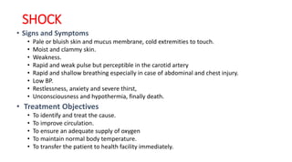 SHOCK
• Signs and Symptoms
• Pale or bluish skin and mucus membrane, cold extremities to touch.
• Moist and clammy skin.
• Weakness.
• Rapid and weak pulse but perceptible in the carotid artery
• Rapid and shallow breathing especially in case of abdominal and chest injury.
• Low BP.
• Restlessness, anxiety and severe thirst,
• Unconsciousness and hypothermia, finally death.
• Treatment Objectives
• To identify and treat the cause.
• To improve circulation.
• To ensure an adequate supply of oxygen
• To maintain normal body temperature.
• To transfer the patient to health facility immediately.
 