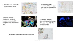 • F module uses camera to
detect colored parts
M Irfan, PhD
• G module removes
material with same color
but different shining than
cotton
P module removes
transparent and semi
transparent matter (PP)
using polarised transmitted
light
UV module removes
florescent parts (difficult to
detect) such as PES, PP and
bleached cotton
LED module detects thin thread shaped part
 