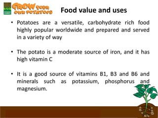 www.potatoesforschools.org.uk
Food value and uses
• Potatoes are a versatile, carbohydrate rich food
highly popular worldwide and prepared and served
in a variety of way
• The potato is a moderate source of iron, and it has
high vitamin C
• It is a good source of vitamins B1, B3 and B6 and
minerals such as potassium, phosphorus and
magnesium.
 