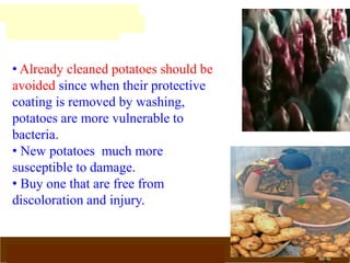 www.potatoesforschools.org.uk
• Already cleaned potatoes should be
avoided since when their protective
coating is removed by washing,
potatoes are more vulnerable to
bacteria.
• New potatoes much more
susceptible to damage.
• Buy one that are free from
discoloration and injury.
 