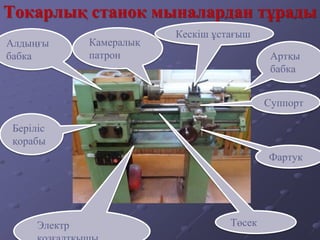 Токарлық станок мыналардан тұрады
Алдыңғы
бабка Артқы
бабка
Беріліс
қорабы
Суппорт
Фартук
Төсек
Электр
Камералық
патрон
Кескіш ұстағыш
 
