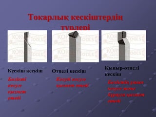 Токарлық кескіштердің
түрлері
Кескіш кескіш Өтпелі кескіш
Қыңыр-өтпелі
кескіш
Бөлікті
кесуге
қызмет
етеді
Кесуді кесуге
қызмет етеді
Бөліктің ұшын
кесуге және
бұрауға қызмет
етеді
 