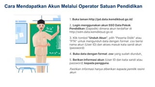 1. Buka laman http://pd.data.kemdikbud.go.id/
2. Login menggunakan akun SSO Data Pokok
Pendidikan (Dapodik) dimana akun terdaftar di
http://sdm.data.kemdikbud.go.id
3. Klik tombol “Unduh Akun”, pilih “Peserta Didik” atau
“PTK” untuk mengunduh data dengan format .csv berisi
nama akun (User ID) dan akses masuk kata sandi akun
(password)
4. Buka data dengan format .csv yang sudah diunduh,
5. Berikan informasi akun (User ID dan kata sandi atau
password) kepada pengguna.
Pastikan informasi hanya diberikan kepada pemilik resmi
akun
Cara Mendapatkan Akun Melalui Operator Satuan Pendidikan
 