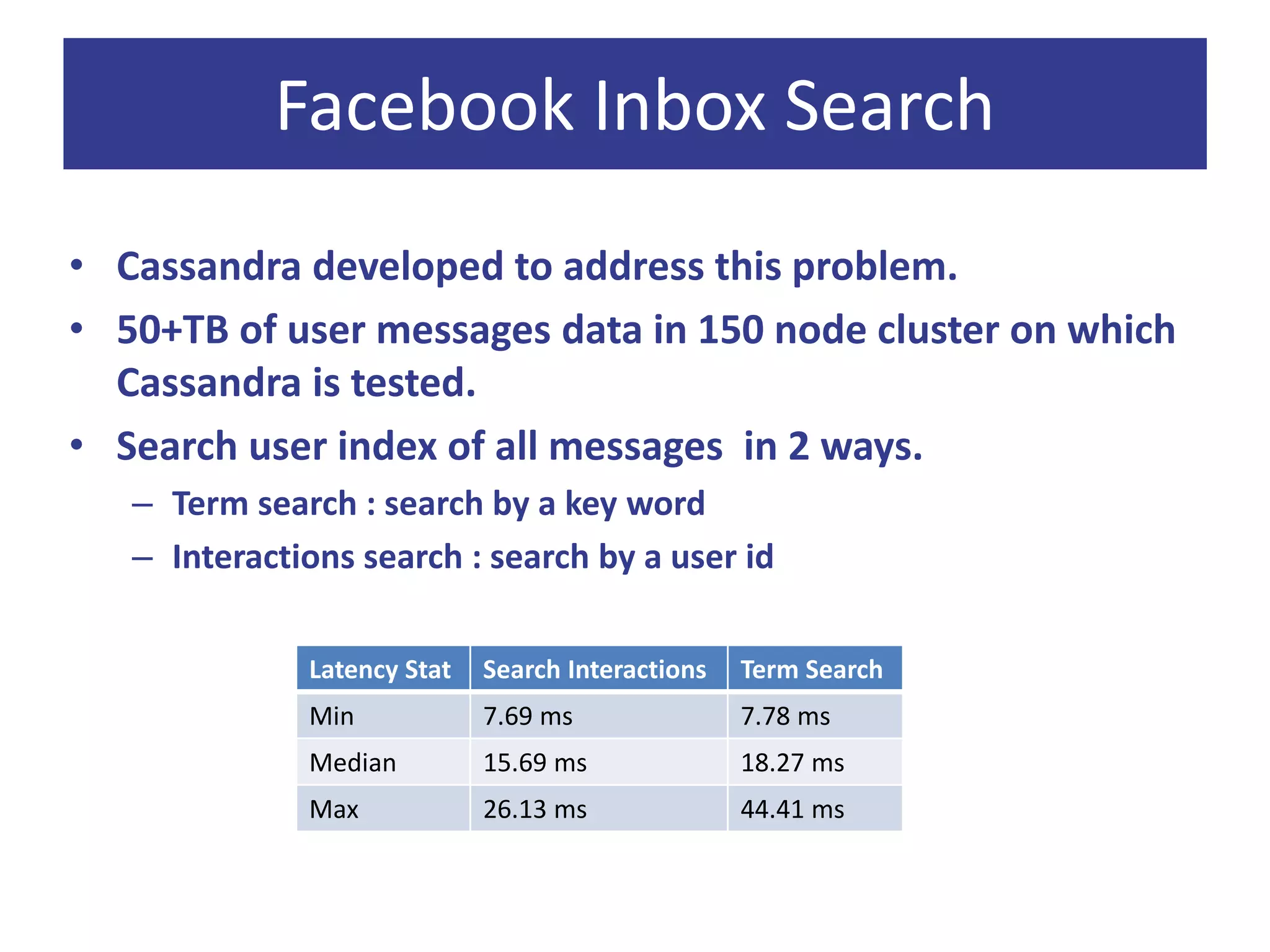 Facebook Inbox Search
• Cassandra developed to address this problem.
• 50+TB of user messages data in 150 node cluster on which
Cassandra is tested.
• Search user index of all messages in 2 ways.
– Term search : search by a key word
– Interactions search : search by a user id
Latency Stat Search Interactions Term Search
Min 7.69 ms 7.78 ms
Median 15.69 ms 18.27 ms
Max 26.13 ms 44.41 ms
 